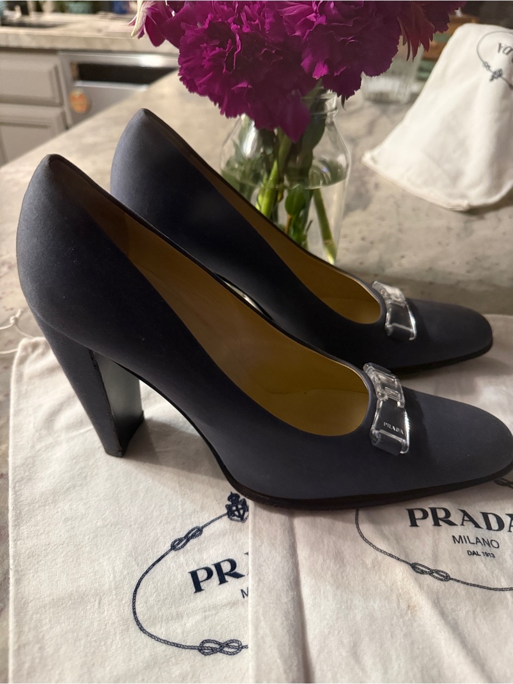Prada Slate Po de Soie Satin Block-Heel Pumps - Picture 5 of 9